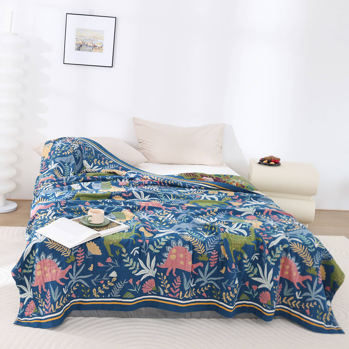 Dinosaur Cotton Jacquard Throw Blanket – Reversible & Textured