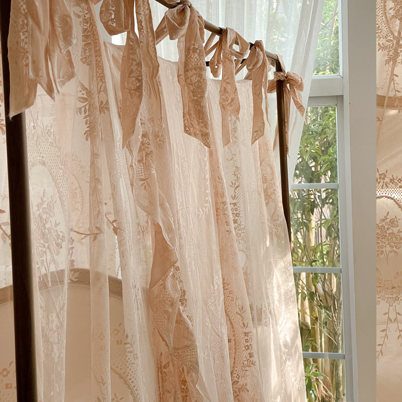 Romantic lace bed canopy curtain with ties, soft natural light, StuffedHome bedding