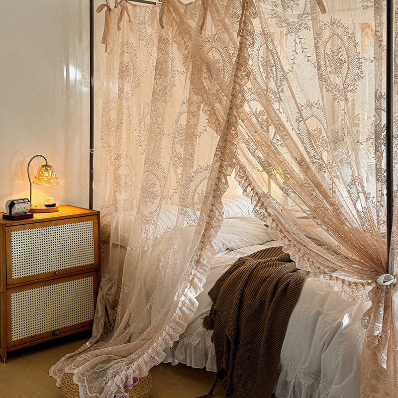 Romantic lace bed canopy curtains for four-poster bed in cozy bedroom with soft bedding