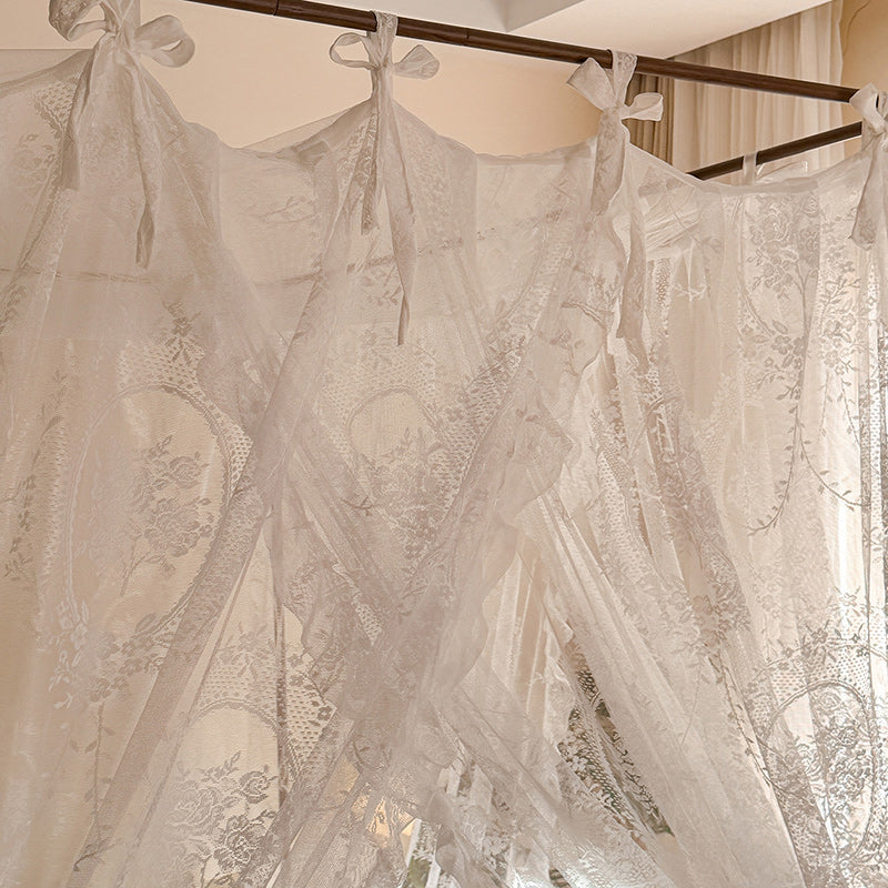 Romantic lace bed canopy curtains with floral patterns for four poster beds
