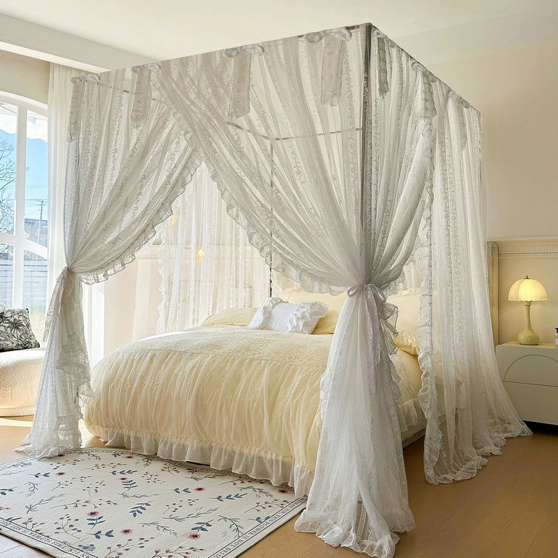 Romantic white lace canopy bed with ruffled bedding in sunlit cozy bedroom, StuffedHome