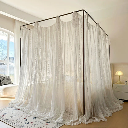 Romantic ruffled white lace canopy bed curtains in sunlit bedroom, cozy luxury decor