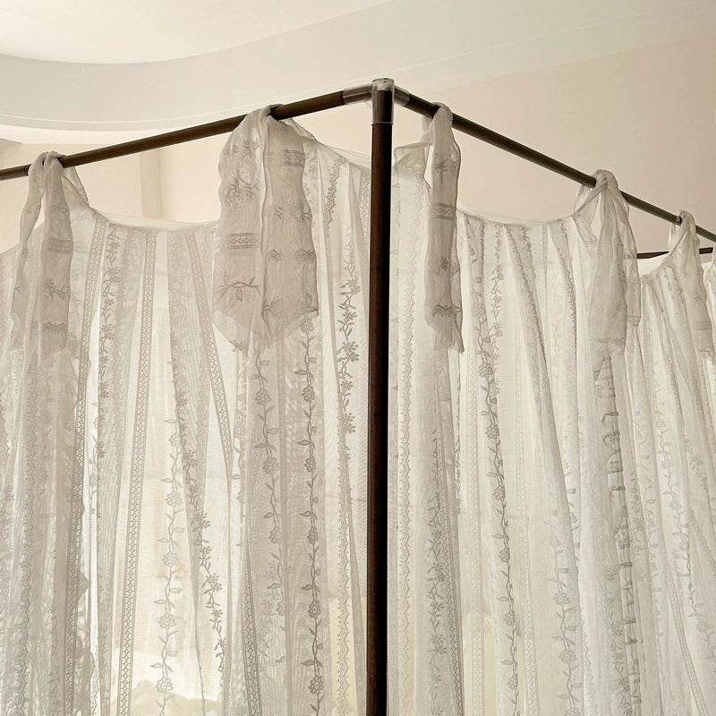 White lace canopy bed curtains with ruffled details on dark frame, StuffedHome luxury bedding