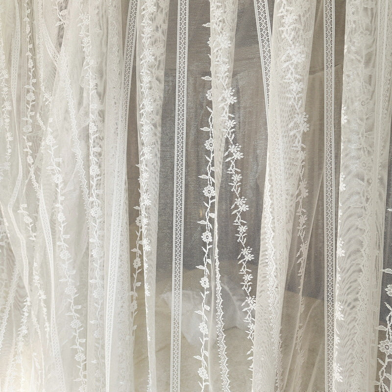 Romantic white lace canopy bed curtains with delicate floral patterns, StuffedHome bedding