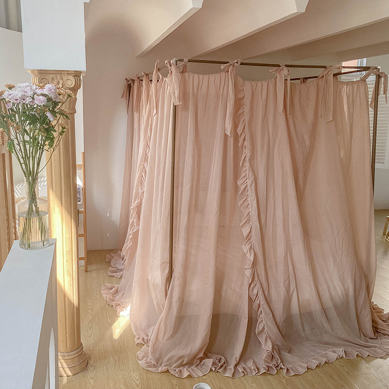 Romantic ruffled canopy curtains for 4-poster bed in soft blush pink, natural bedroom decor