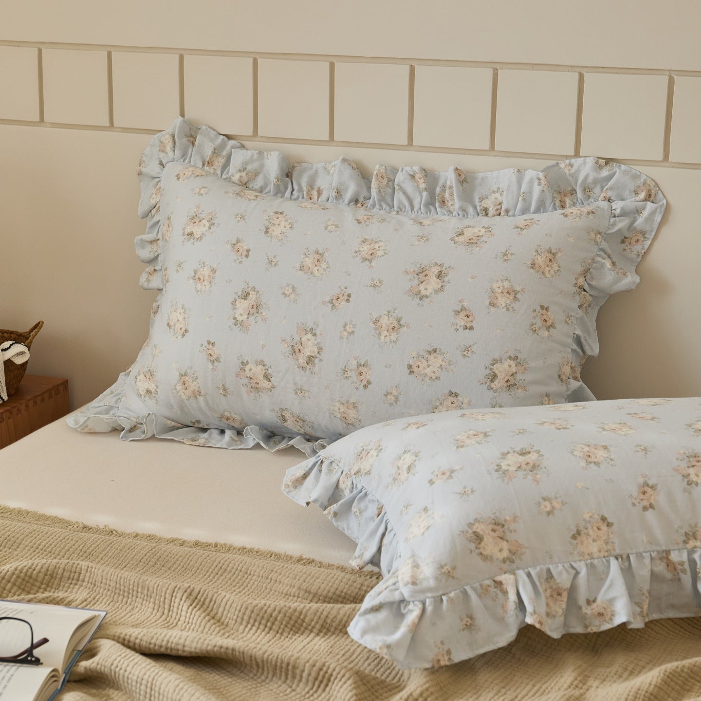 blue floral cotton muslin pillow shams with feminine ruffle trim, elegant and breathable luxury bedding