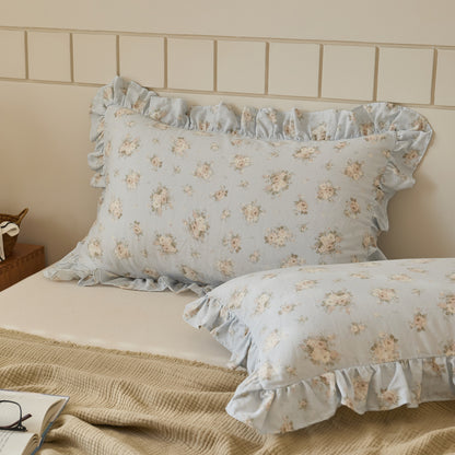 blue floral cotton muslin pillow shams with feminine ruffle trim, elegant and breathable luxury bedding