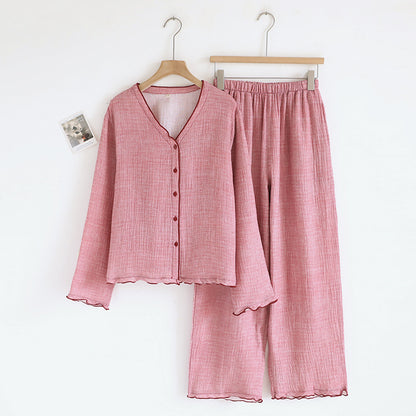 Soft pink cotton gauze women's pajama set with button top and elastic waist pants