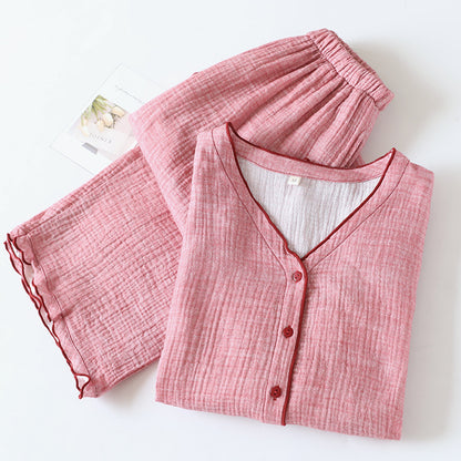 Soft pink cotton gauze women's pajama set with long sleeves and elastic waistband