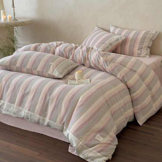 Striped Cotton Gauze Duvet Cover Set – Soft Pink