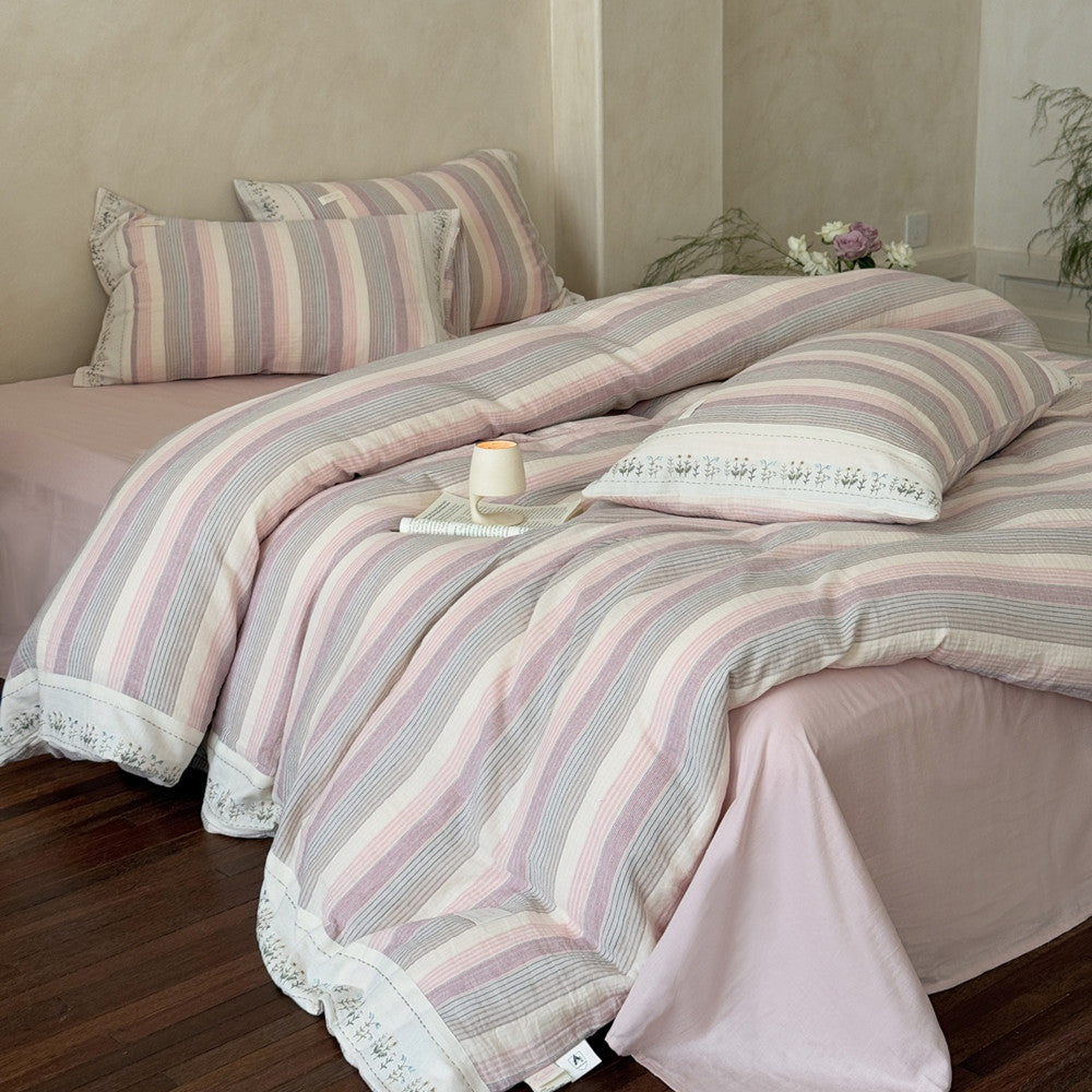 Striped Cotton Gauze Duvet Cover Set – Soft Pink