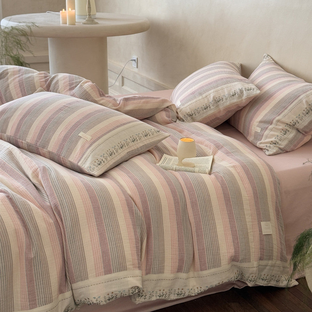 Striped Cotton Gauze Duvet Cover Set – Soft Pink