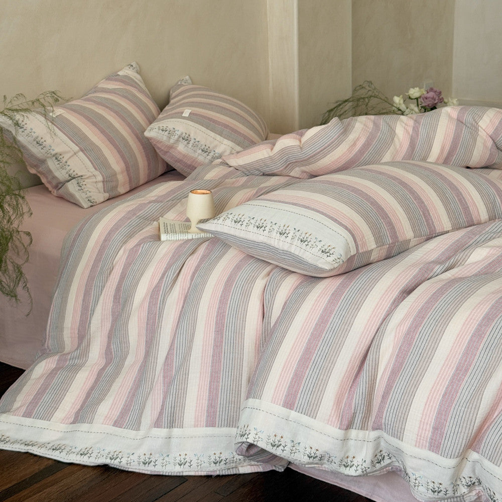 Striped Cotton Gauze Duvet Cover Set – Soft Pink