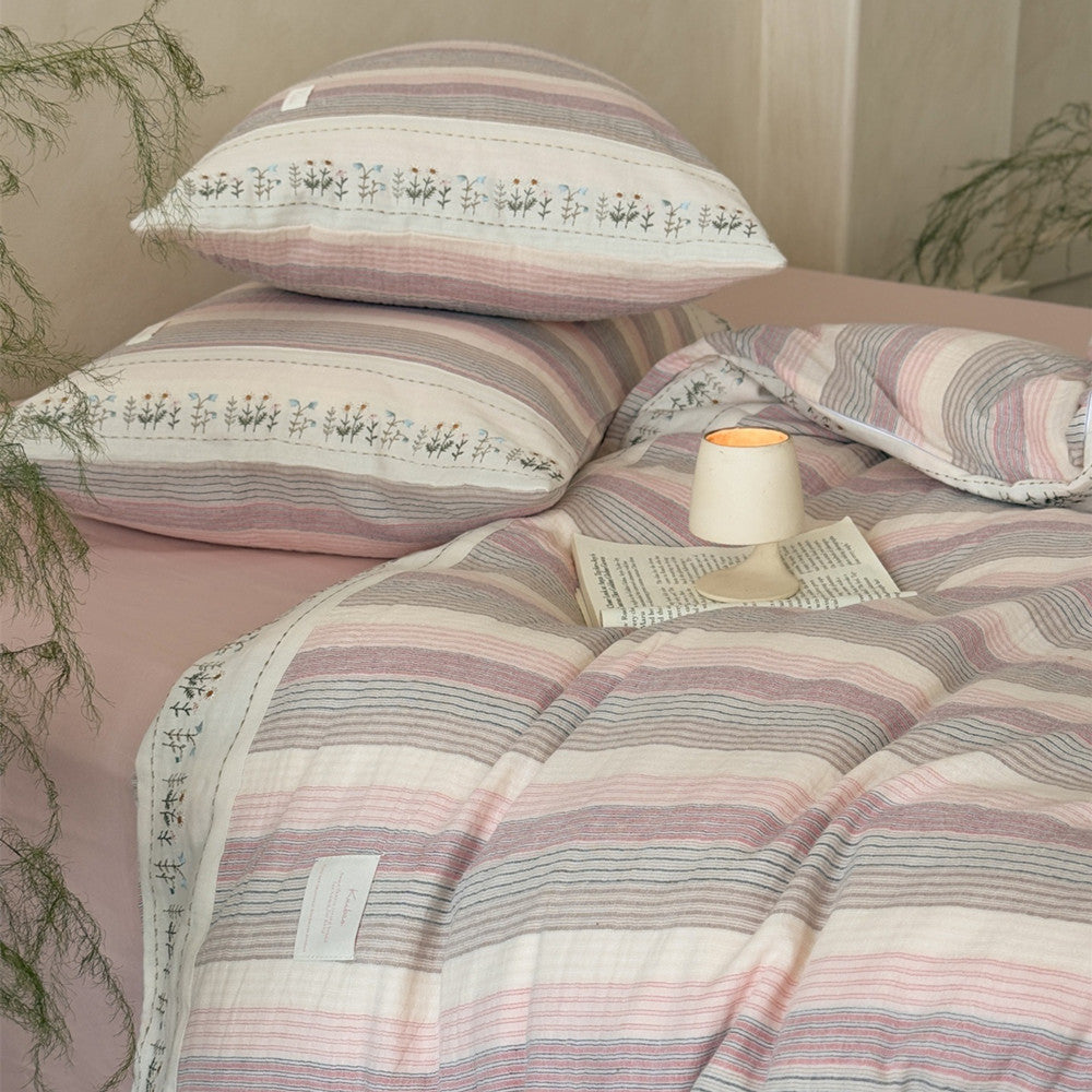 Striped Cotton Gauze Duvet Cover Set – Soft Pink