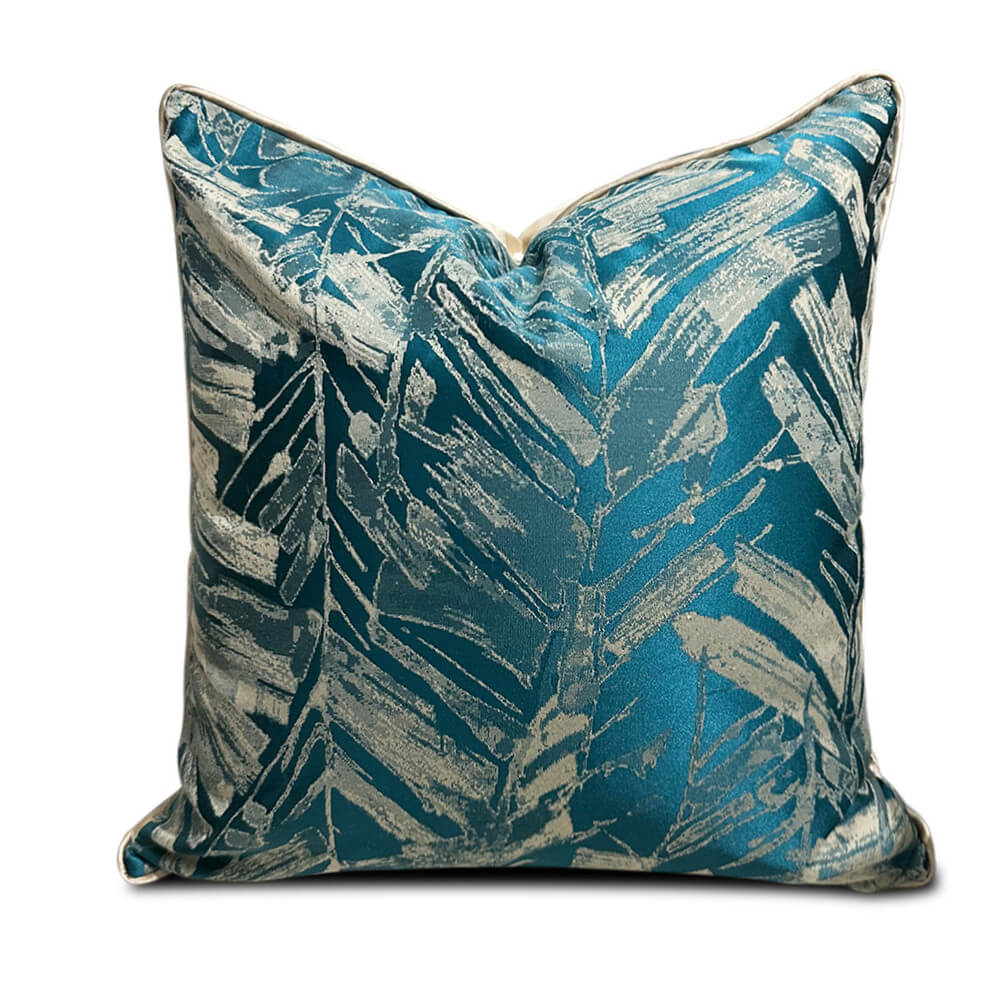 Soft teal geometric textured decorative pillow cover with abstract leaf pattern