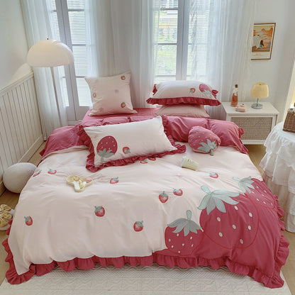 Pink strawberry cotton bedding set in cozy bedroom, sustainable and natural StuffedHome decor