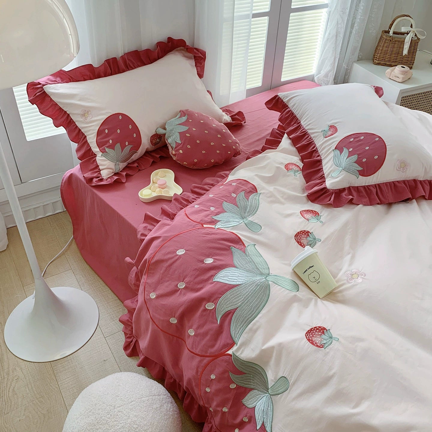 Strawberry cotton bedding set in pink color block design with ruffle pillowcases, StuffedHome