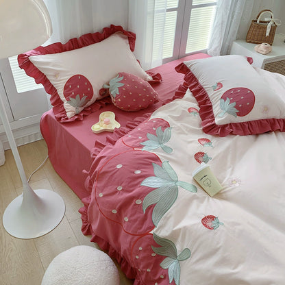 Strawberry cotton bedding set in pink color block design with ruffle pillowcases, StuffedHome