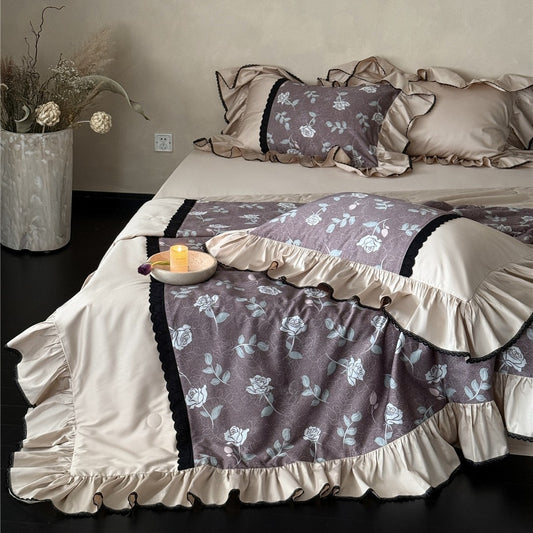 Dusty mauve TENCEL floral comforter set with wide ruffles and black trim