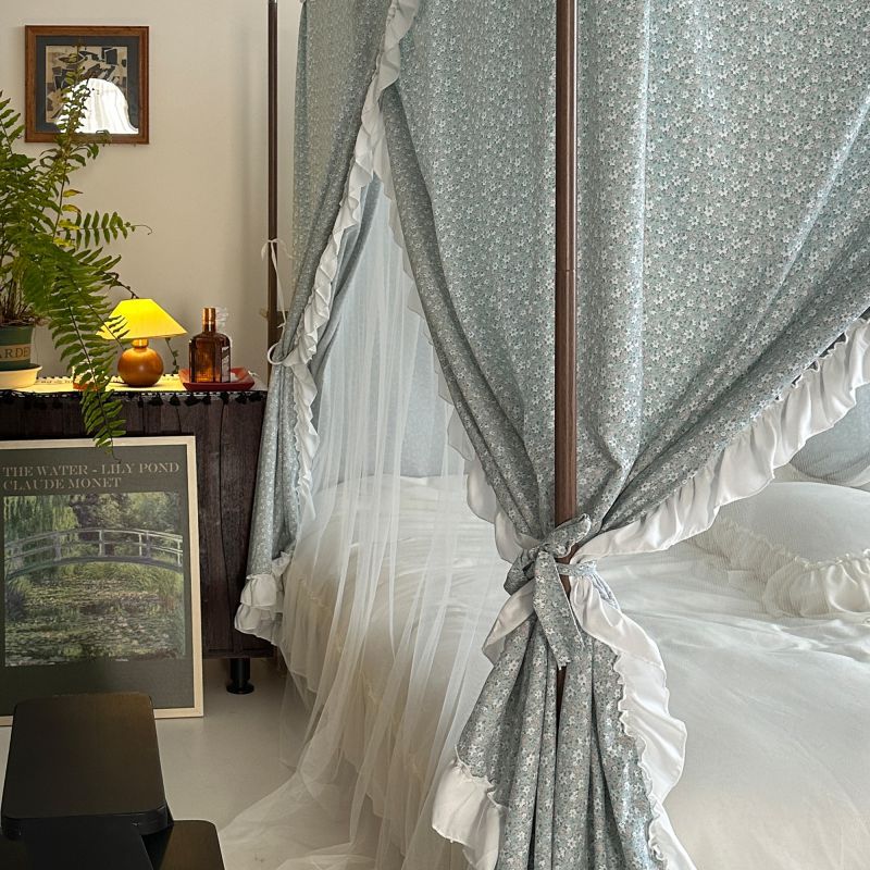 Vintage floral bed canopy with ruffled trim in cozy bedroom, pure cotton bedding, StuffedHome