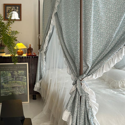 Vintage floral bed canopy with ruffled trim in cozy bedroom, pure cotton bedding, StuffedHome