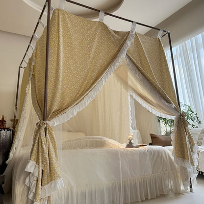 Vintage floral bed canopy with ruffled trim, pure cotton bedding, cozy bedroom decor