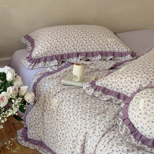 Vintage Lilac Floral Comforter – Cotton Gauze with Ruffles - StuffedHome