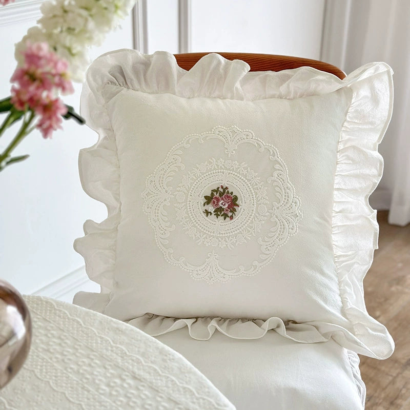 Vintage Ruffled Throw Pillow – Embroidered Rose Cotton - StuffedHome