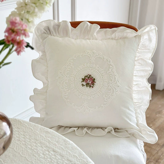 Vintage Ruffled Throw Pillow – Embroidered Rose Cotton - StuffedHome