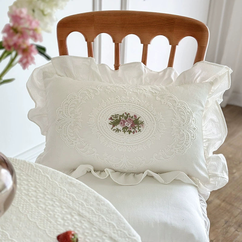 Vintage Ruffled Throw Pillow – Embroidered Rose Cotton - StuffedHome