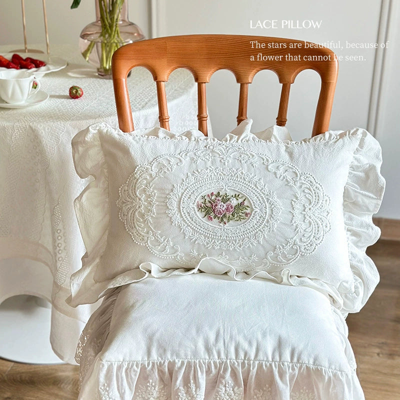 Vintage Ruffled Throw Pillow – Embroidered Rose Cotton - StuffedHome