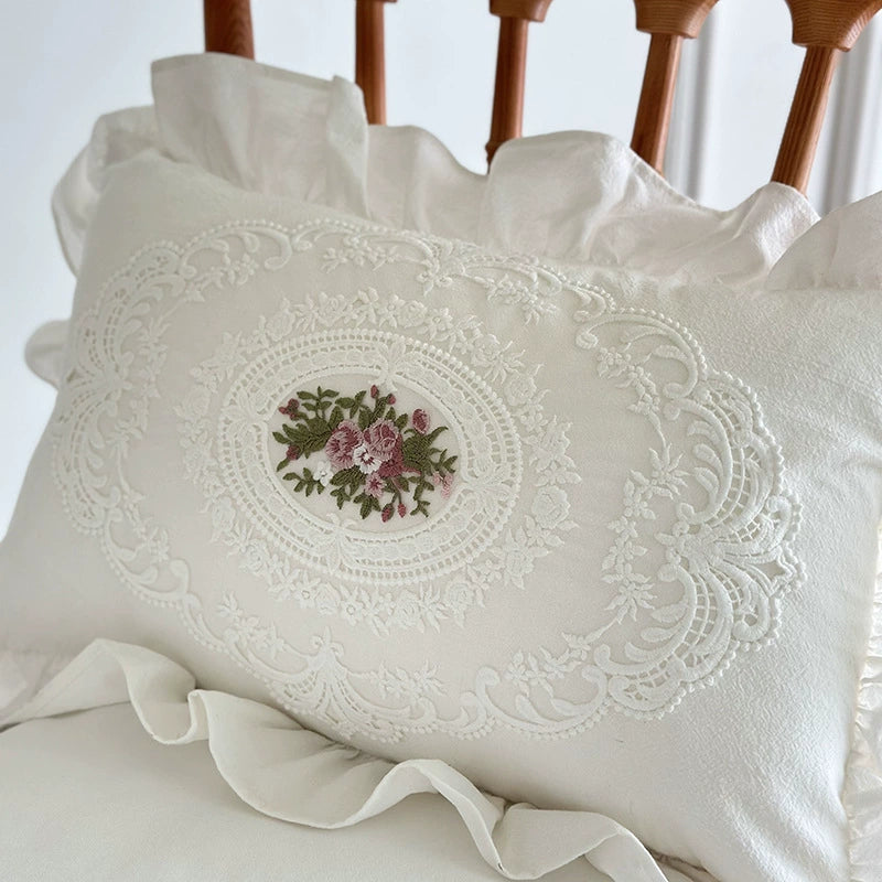 Vintage Ruffled Throw Pillow – Embroidered Rose Cotton - StuffedHome