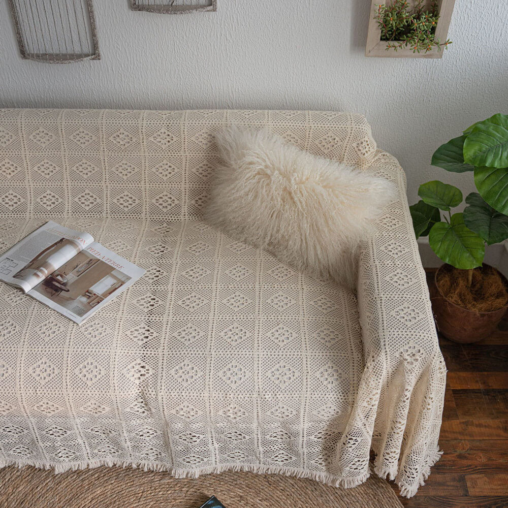 Vintage crochet lace sofa cover with tassel trim, fluffy pillow, and indoor plant in cozy living room