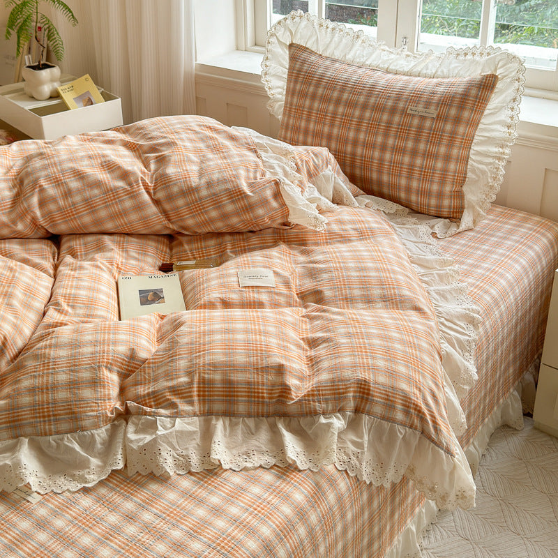 Washed Cotton Plaid Duvet Cover – Ruffled Vintage Charm - StuffedHome