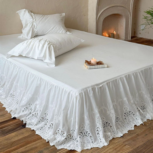 White Cotton Bed Skirt with Lace Trim