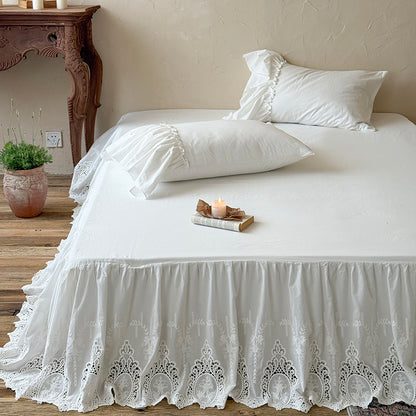 White Cotton Bed Skirt with Lace Trim