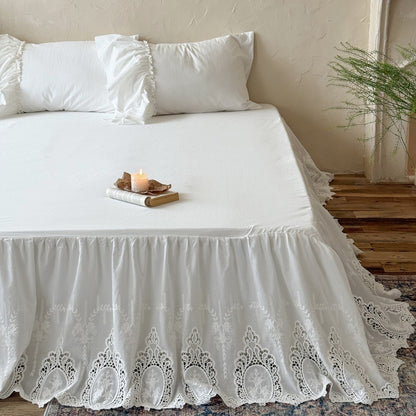 White Cotton Bed Skirt with Lace Trim