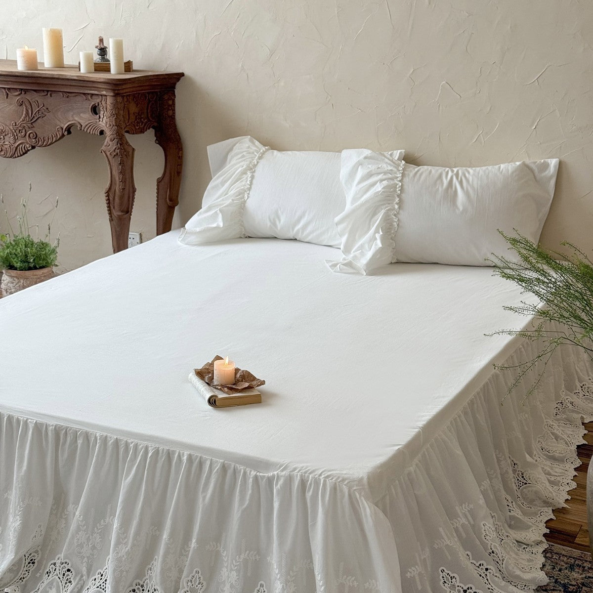 White Cotton Bed Skirt with Lace Trim