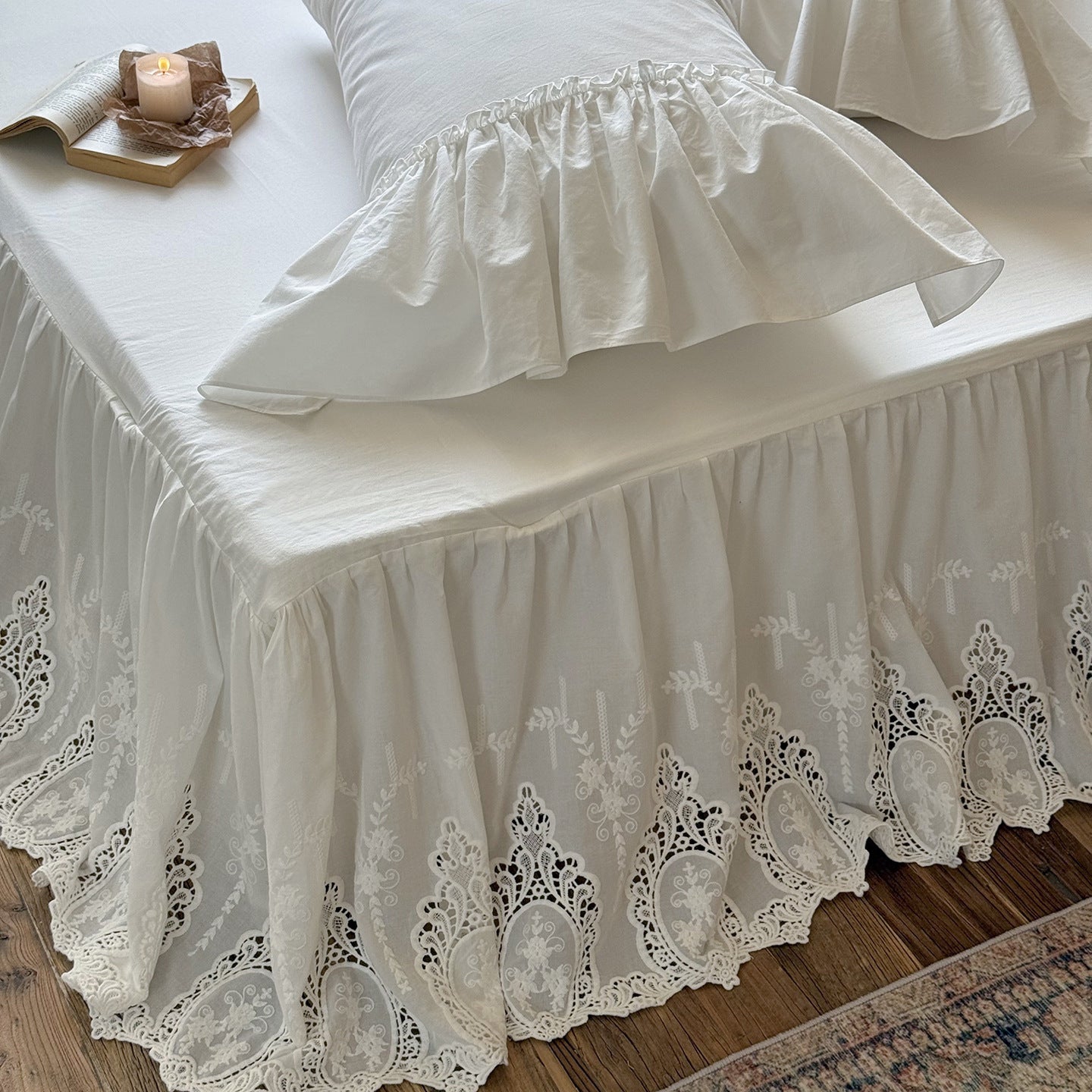 White Cotton Bed Skirt with Lace Trim