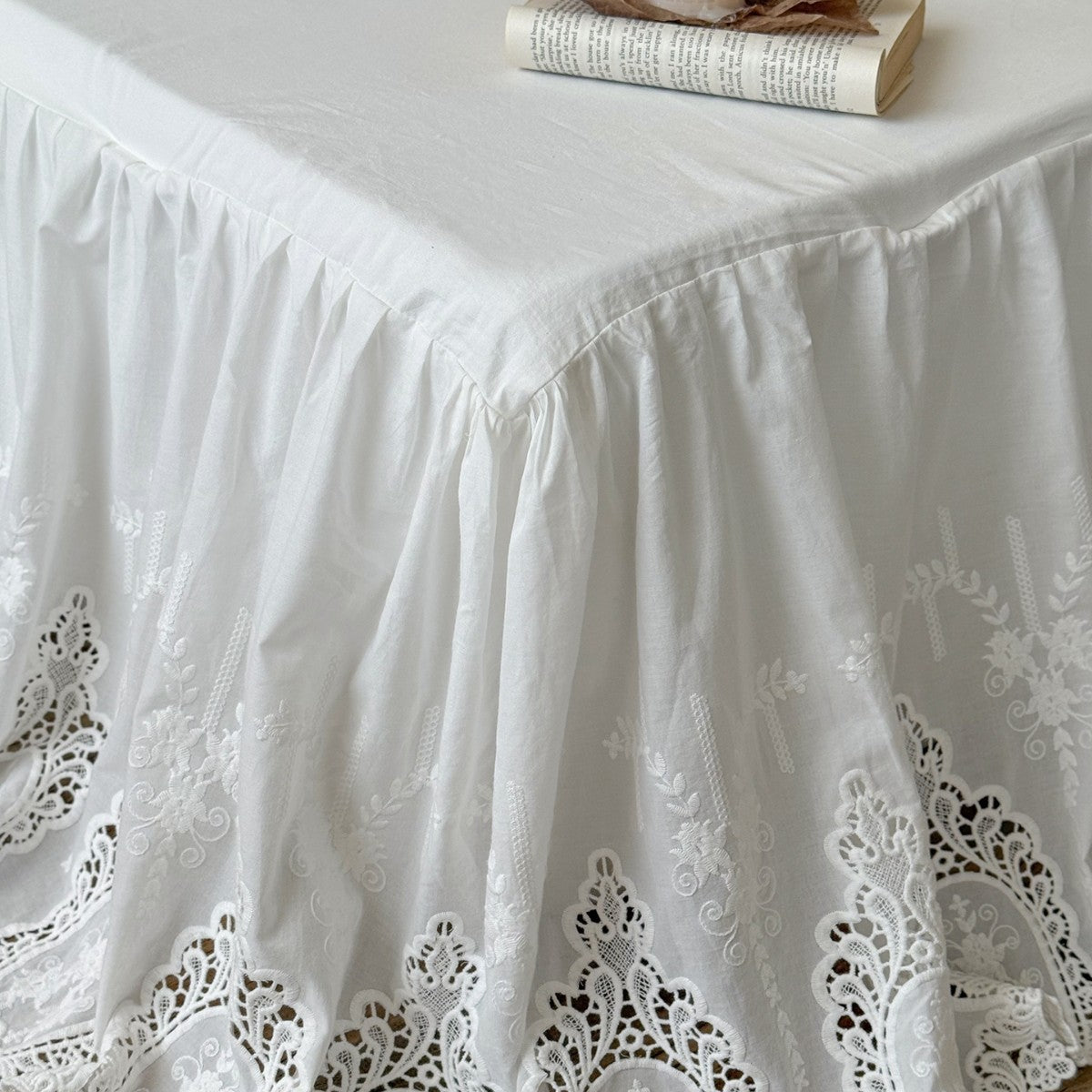 White Cotton Bed Skirt with Lace Trim
