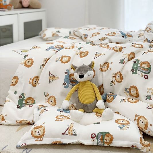 Playful lion and safari truck print Bamboo Duvet Cover set for Twin Size Bedding, featuring a stuffed animal.