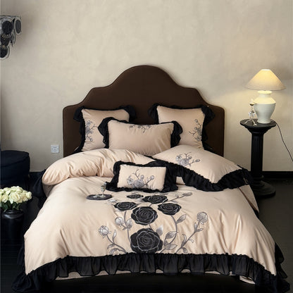 Black rose duvet cover set in warm taupe with full pillows