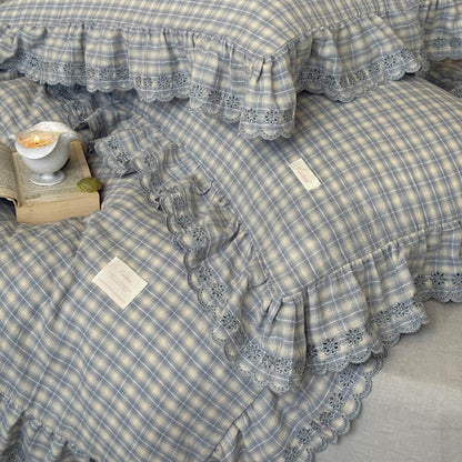 Pillowcases and duvet cover, dusty blue plaid cotton muslin with ruffle