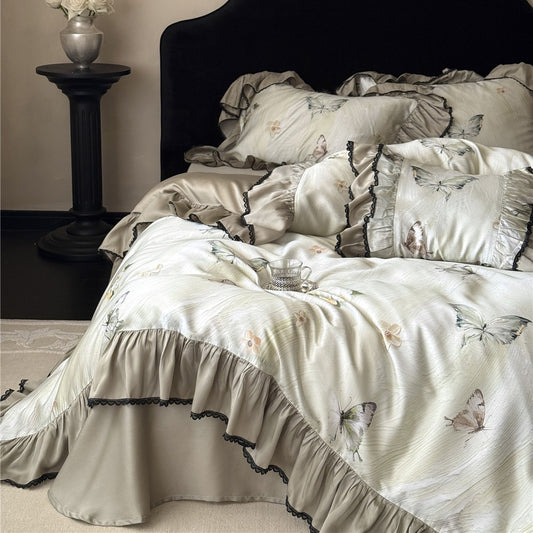 Soft TENCEL™ butterfly duvet cover set with ruffles – romantic olive green bedroom styling