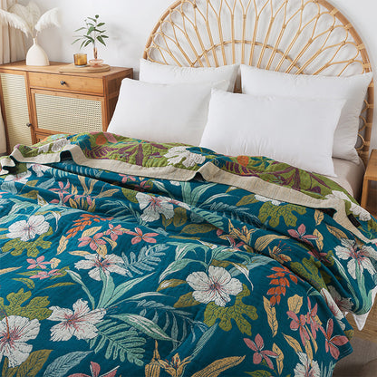 Soft jacquard cotton throw blanket with floral weave texture