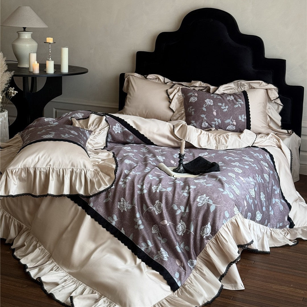 TENCEL rose floral bedding set in dusty mauve with ruffled trim