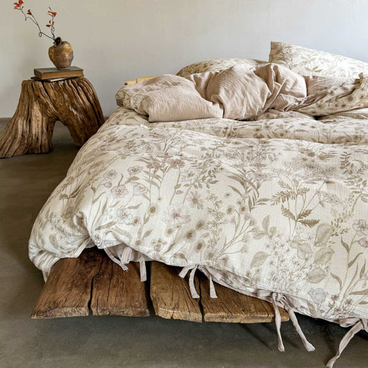 Reversible floral cotton bedding set with solid taupe back – full bed view