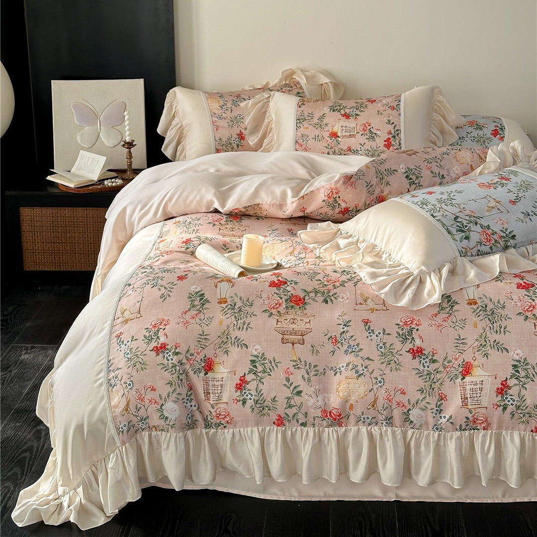 Romantic bedroom with TENCEL™ floral bedding and ruffles