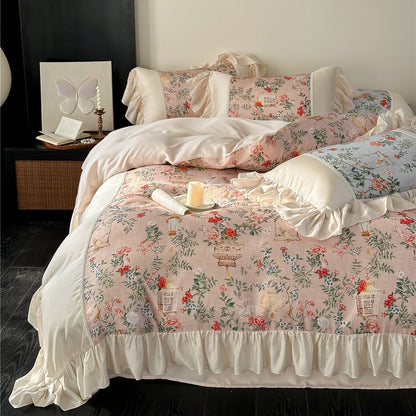 Romantic bedroom with TENCEL™ floral bedding and ruffles