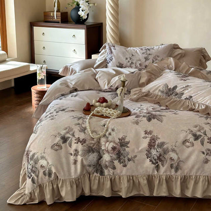 French floral cotton bedding set in ivory with wide ruffled edges